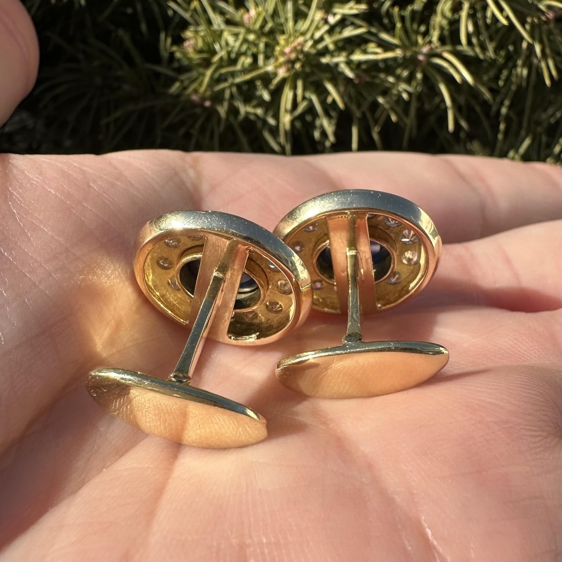 18k Yellow Gold Sapphire Diamond Cabochon Cufflink and Shirt Stud Set - 15