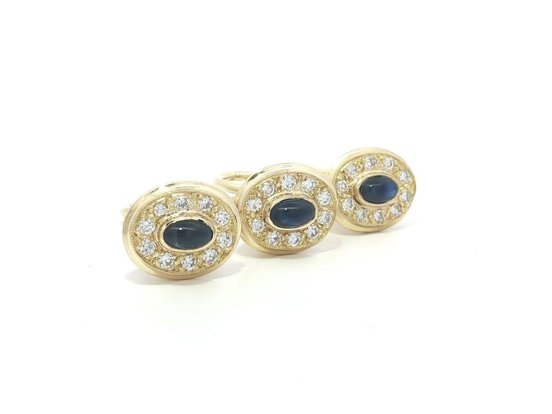 18k Yellow Gold Sapphire Diamond Cabochon Cufflink and Shirt Stud Set - 4