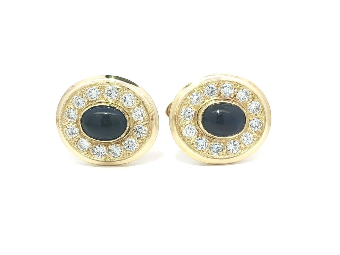 18k Yellow Gold Sapphire Diamond Cabochon Cufflink and Shirt Stud Set - 5