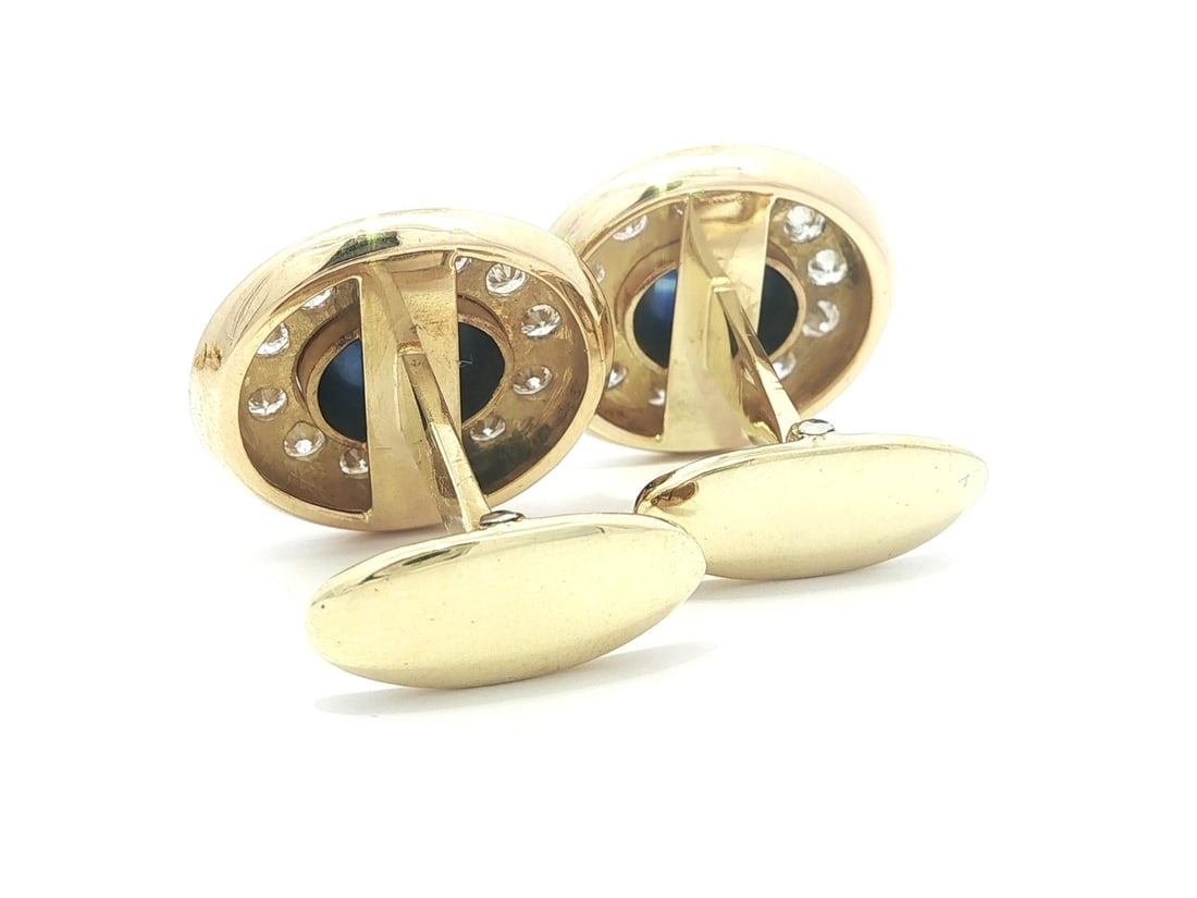 18k Yellow Gold Sapphire Diamond Cabochon Cufflink and Shirt Stud Set - 6