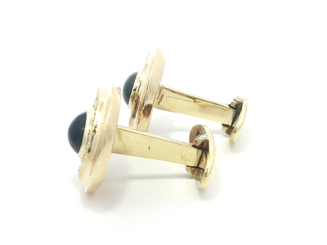 18k Yellow Gold Sapphire Diamond Cabochon Cufflink and Shirt Stud Set - 7