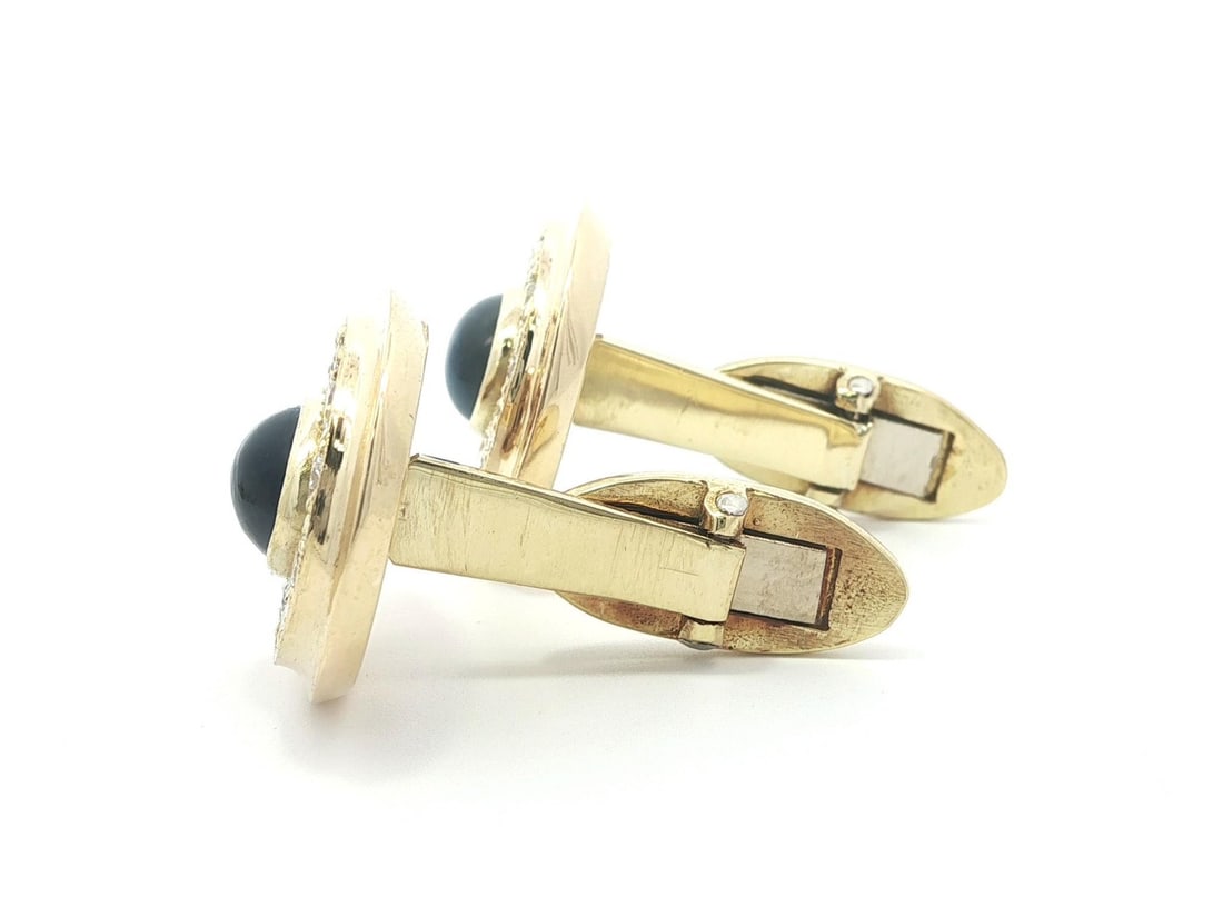 18k Yellow Gold Sapphire Diamond Cabochon Cufflink and Shirt Stud Set - 8