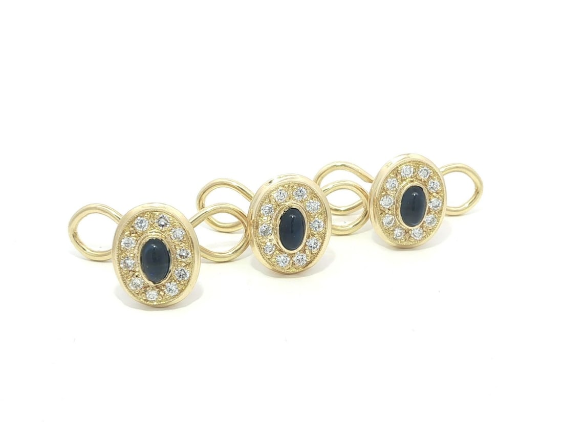 18k Yellow Gold Sapphire Diamond Cabochon Cufflink and Shirt Stud Set - 9