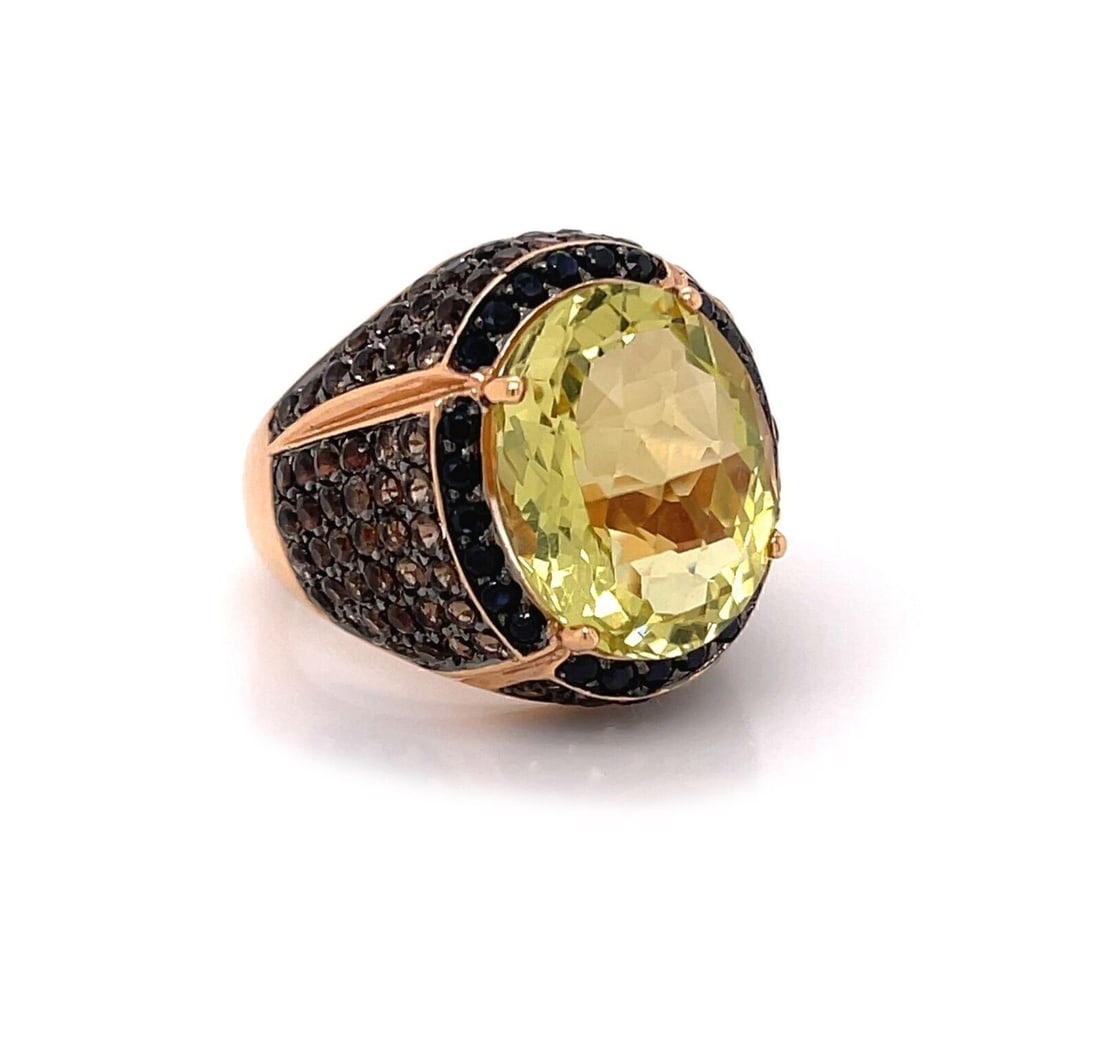 Elini 18K Rose Gold Lemon Quartz Gemstone Statement Ring Size 8: Elini 18K Rose Gold Lemon Quartz Gemstone Statement Ring Size 8 This authentic Elini cocktail ring is crafted from solid 18k rose gold and features a multi-color gemstone design. The centerpiece is a