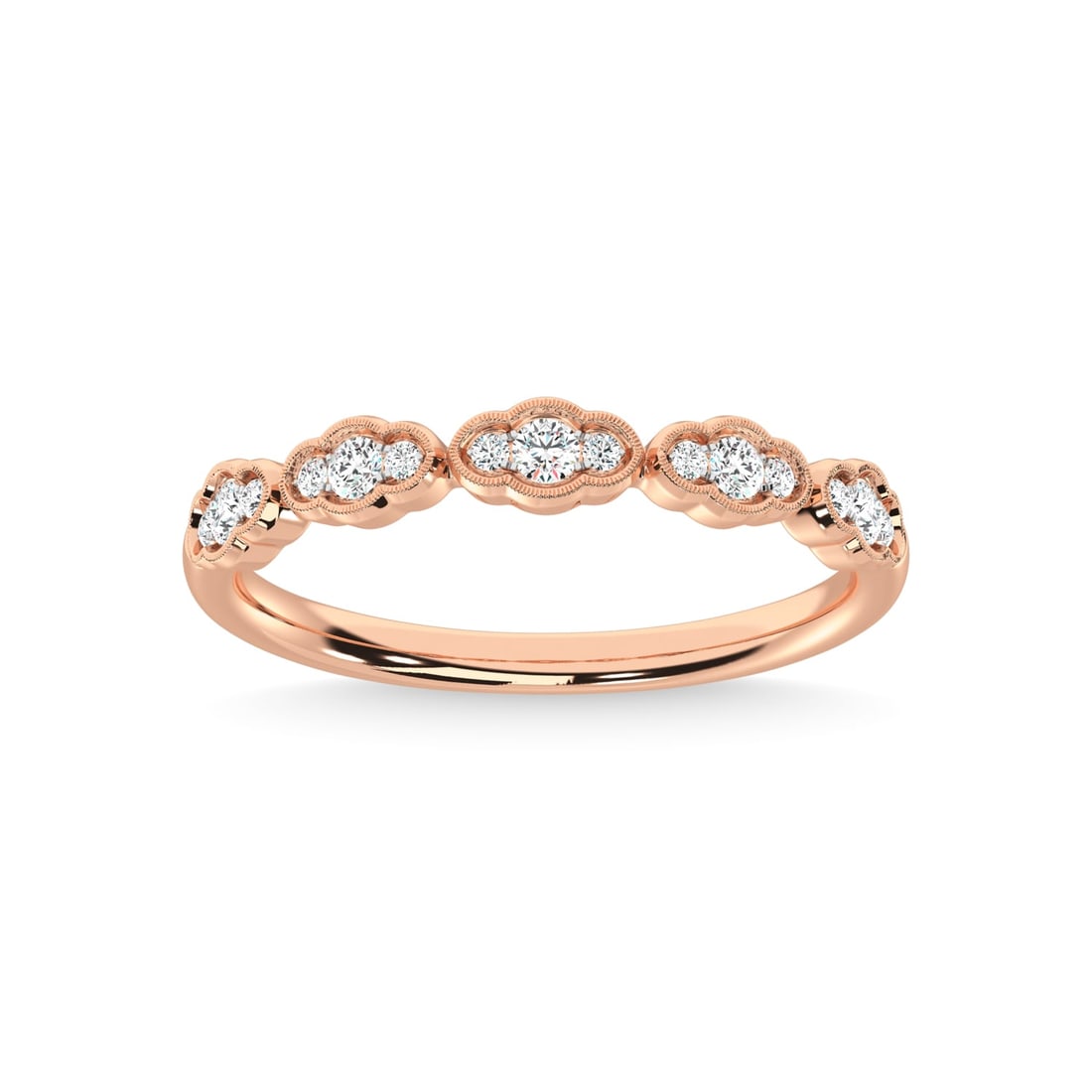 14K Rose Gold Diamond 1/5 Ct.Tw. Stackable Band: 14K Rose Gold Diamond 1/5 Ct.Tw. Stackable Band 14k Rose Gold Stone Color: G-h Stone Clarity: I2 Each ring is presented in standard size 6.5. Complimentary resizing is available between sizes 510 (in