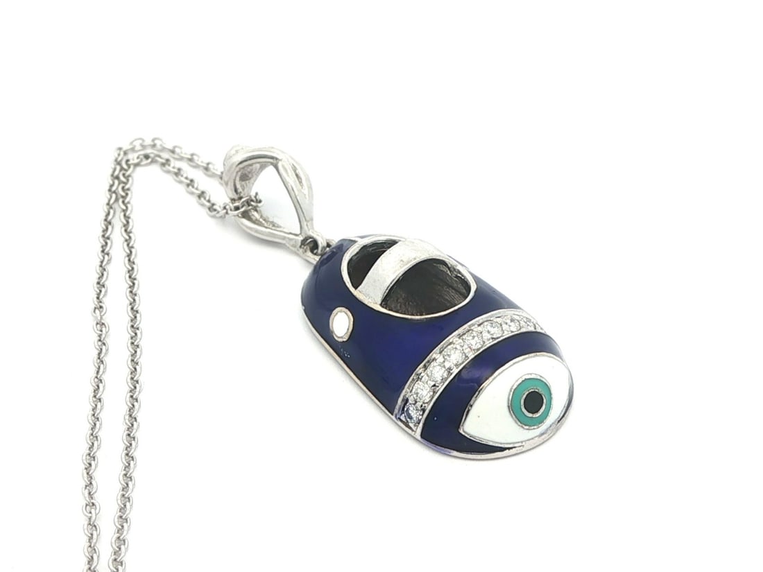 Le Vian 14k White Gold Diamond Evil Eye Baby Shoe Pendant with Blue Enamel on Chain (1 of 9)