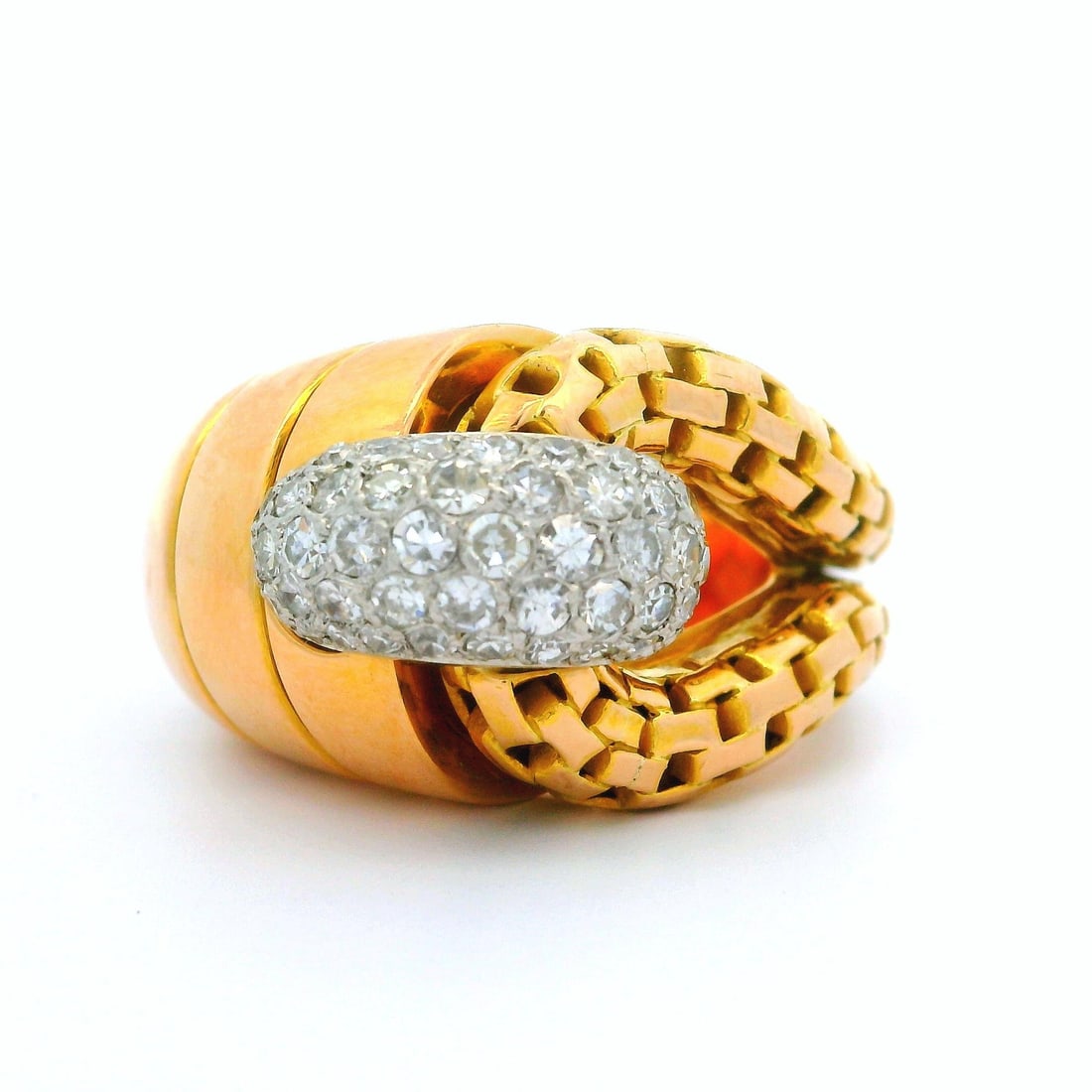 Vintage French 18k Gold Platinum 0.75ct Diamond Wrap Ring Size 6: Vintage French 18k Gold Platinum 0.75ct Diamond Wrap Ring Size 6 This exquisite Vintage Retro French ring features a stunning combination of 18k rosy yellow gold and platinum, elegantly showcasing a t