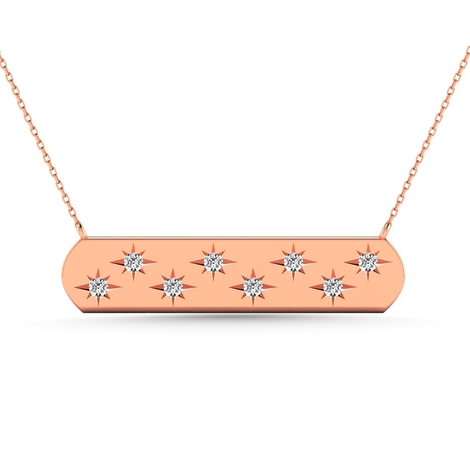 Diamond 1/8 Ct.Tw. Bar Necklace in 14K Rose Gold: Diamond 1/8 Ct.Tw. Bar Necklace in 14K Rose Gold 14k Rose Gold Stone Color: H-i Stone Clarity: I1 Unless otherwise specified, pendants that include a chain are paired with our standard 18-inch length.