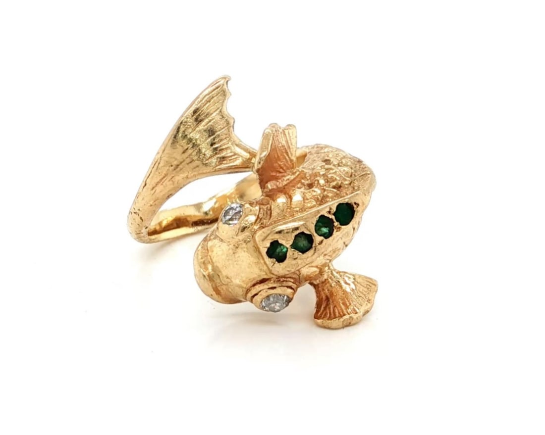 14k Yellow Gold Fish Bypass Ring with Diamonds and Emerald Size 5.5 (1 of 6)