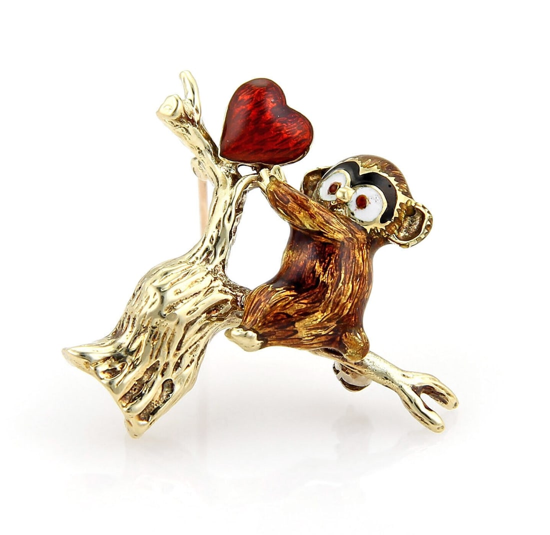 Vintage 14k Gold and Enamel Koala Bear Heart Tree Pin Brooch: Vintage 14k Gold and Enamel Koala Bear Heart Tree Pin Brooch This vintage brooch features a charming baby koala bear nestled in a tree and heart motif, expertly crafted in 14k yellow gold with colorfu