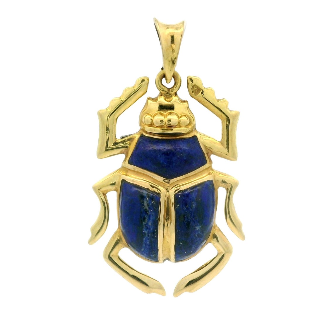 18k Yellow Gold Lapis Lazuli Scarab Pendant with Bail: 18k Yellow Gold Lapis Lazuli Scarab Pendant with Bail This exquisite 18k Yellow Gold pendant features a custom cut inlaid set of three natural genuine Lapis Lazuli stones, showcasing a vibrant blue co