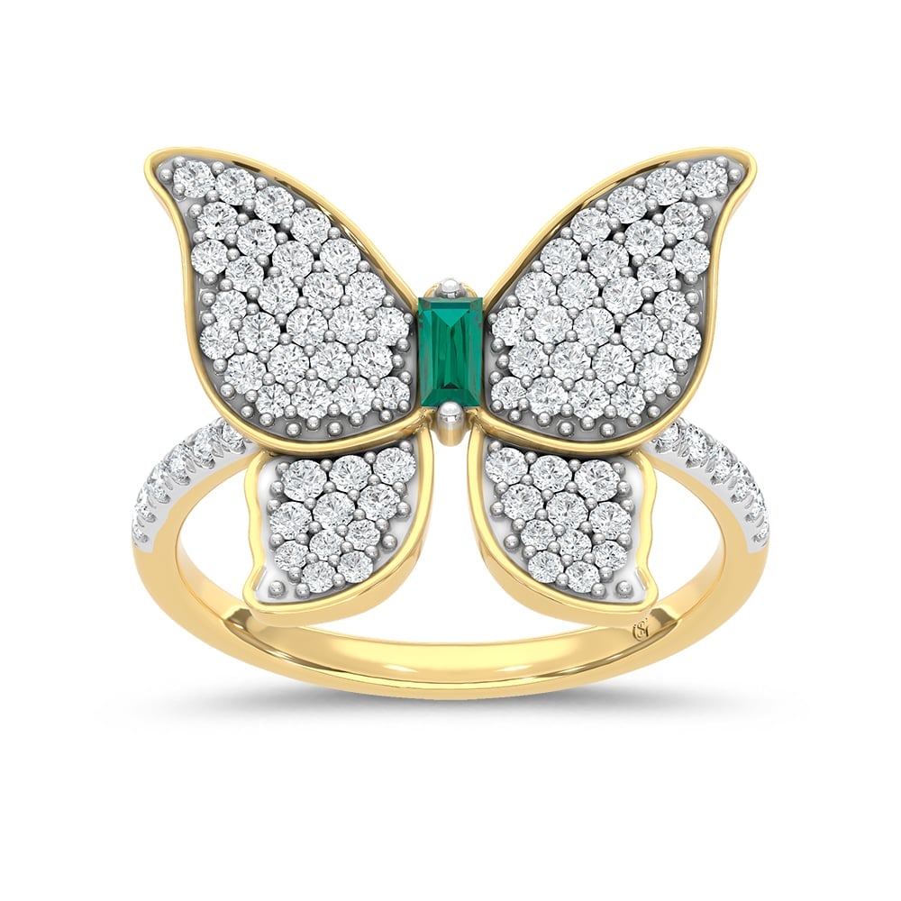 14K Yellow Gold Diamond 3/4 Ct.Tw. & Emerald Butterfly Ring: 14K Yellow Gold Diamond 3/4 Ct.Tw. & Emerald Butterfly Ring 14k Yellow Gold Stone Color: G-h Stone Clarity: Si2 Each ring is presented in standard size 6.5. Complimentary resizing is available between