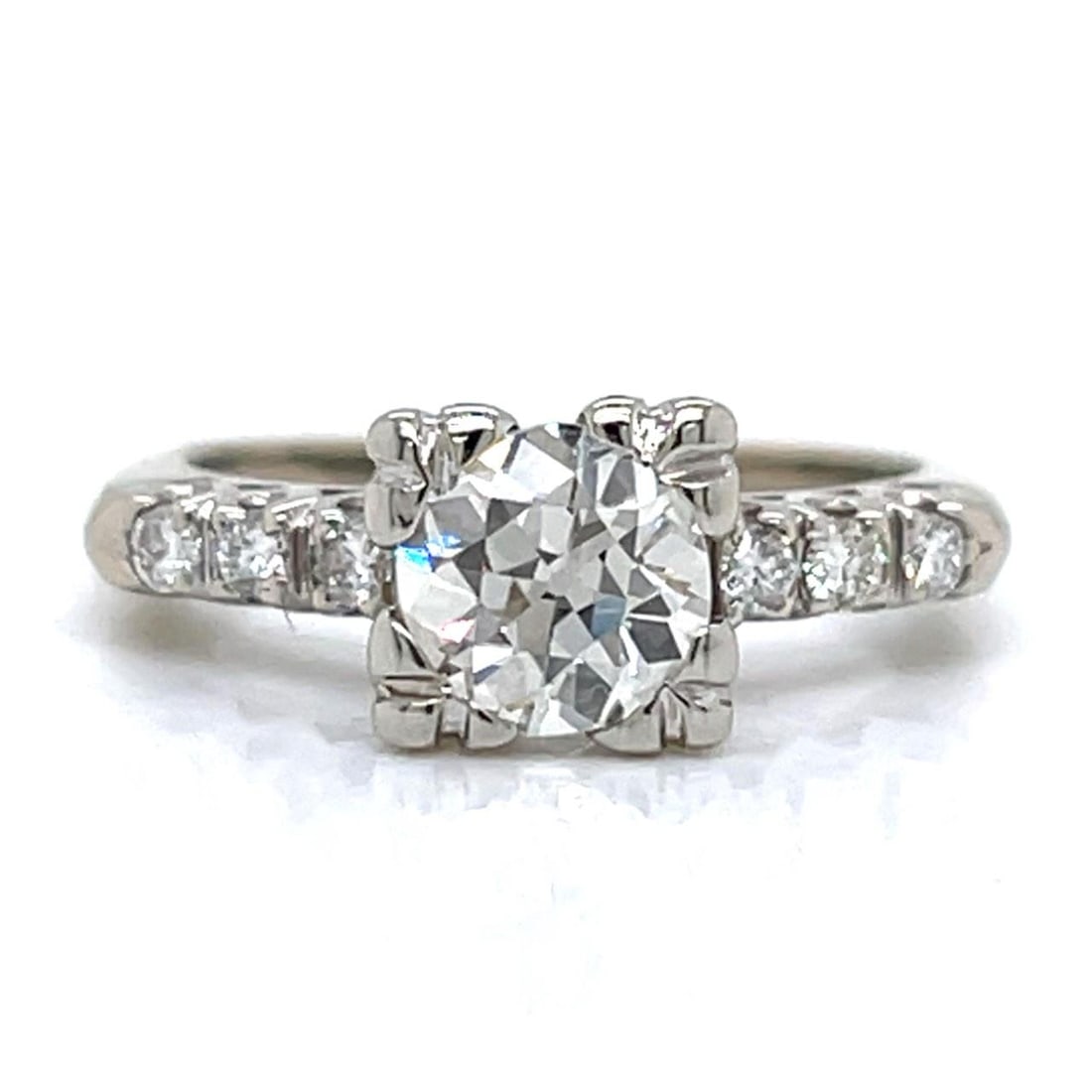 14K White Gold Art Deco Diamond Engagement Ring with 1.20 Carat Center Stone: 14K White Gold Art Deco Diamond Engagement Ring with 1.20 Carat Center Stone This Art Deco engagement ring is crafted in 14K white gold and features a central European-cut diamond of approximately 1.2