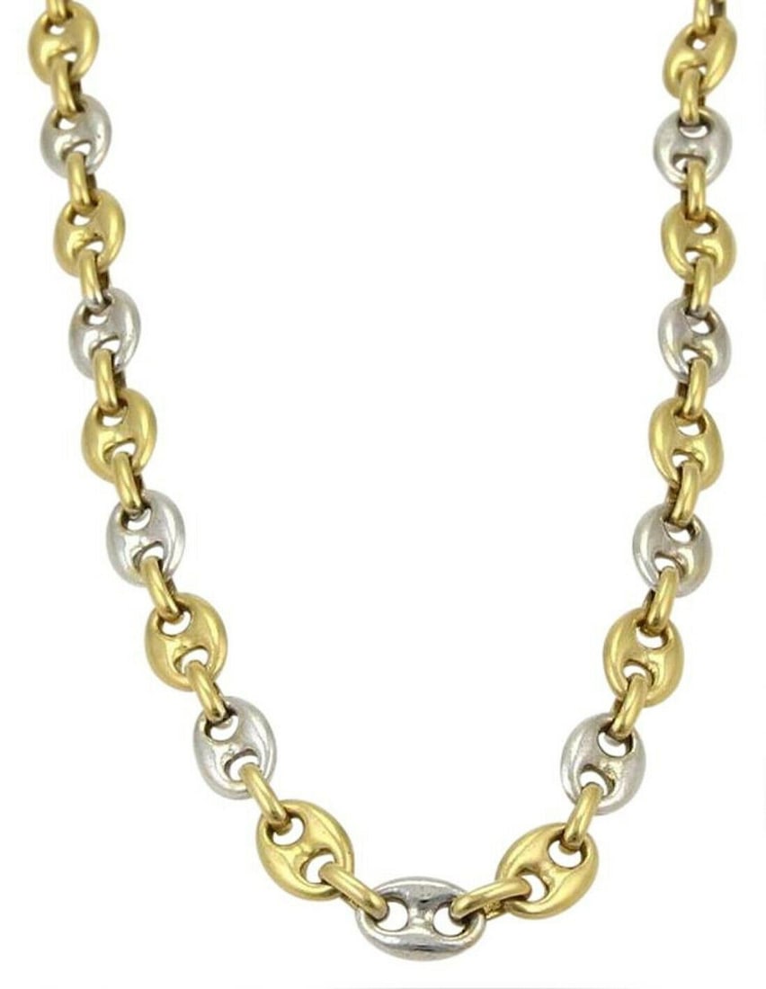 Italian Oval Link Necklace in 18k Yellow and White Gold by FaCadoro: Italian Oval Link Necklace in 18k Yellow and White Gold by FaCadoro This vintage FaCadoro necklace features an elegant oval link chain design, crafted from both 18k yellow and white gold. Signed by th