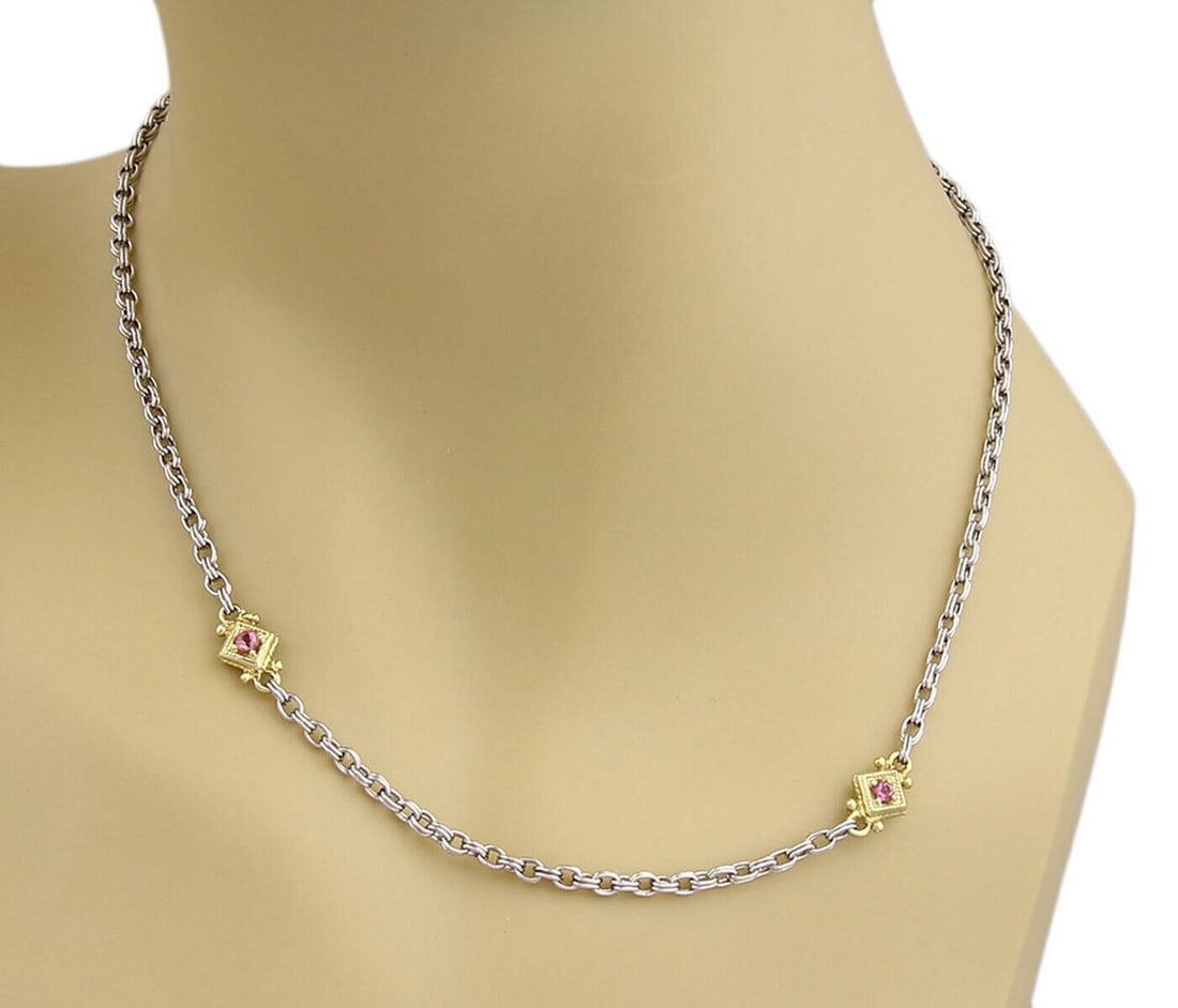 Pink Tourmaline Necklace in 18k Gold and Sterling Silver by Judith Ripka: Pink Tourmaline Necklace in 18k Gold and Sterling Silver by Judith Ripka This Judith Ripka necklace features a pink tourmaline stone set in a combination of 18k yellow gold and sterling silver. The ch