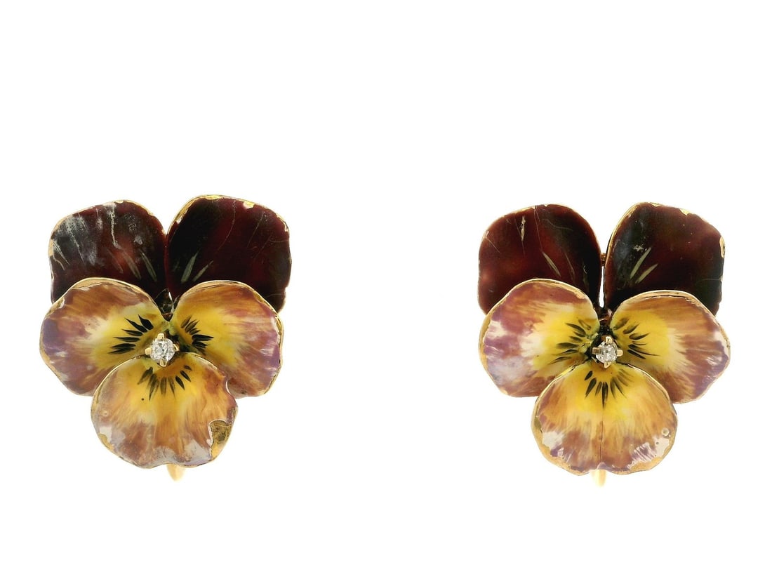 Multi Color Enamel Pansy Earrings in 14k Gold with Diamonds Screw Back: Multi Color Enamel Pansy Earrings in 14k Gold with Diamonds Screw Back These vintage earrings feature a charming pansy flower design crafted from solid 14k yellow gold with multi-color enamel accents.