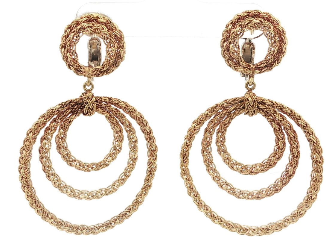 Omega Vintage 18k Gold Braided Dangle Earrings with Omega Closures: Omega Vintage 18k Gold Braided Dangle Earrings with Omega Closures These stunning vintage dangle earrings are crafted from solid 18k yellow gold, featuring a unique braided basket weave design. The ea