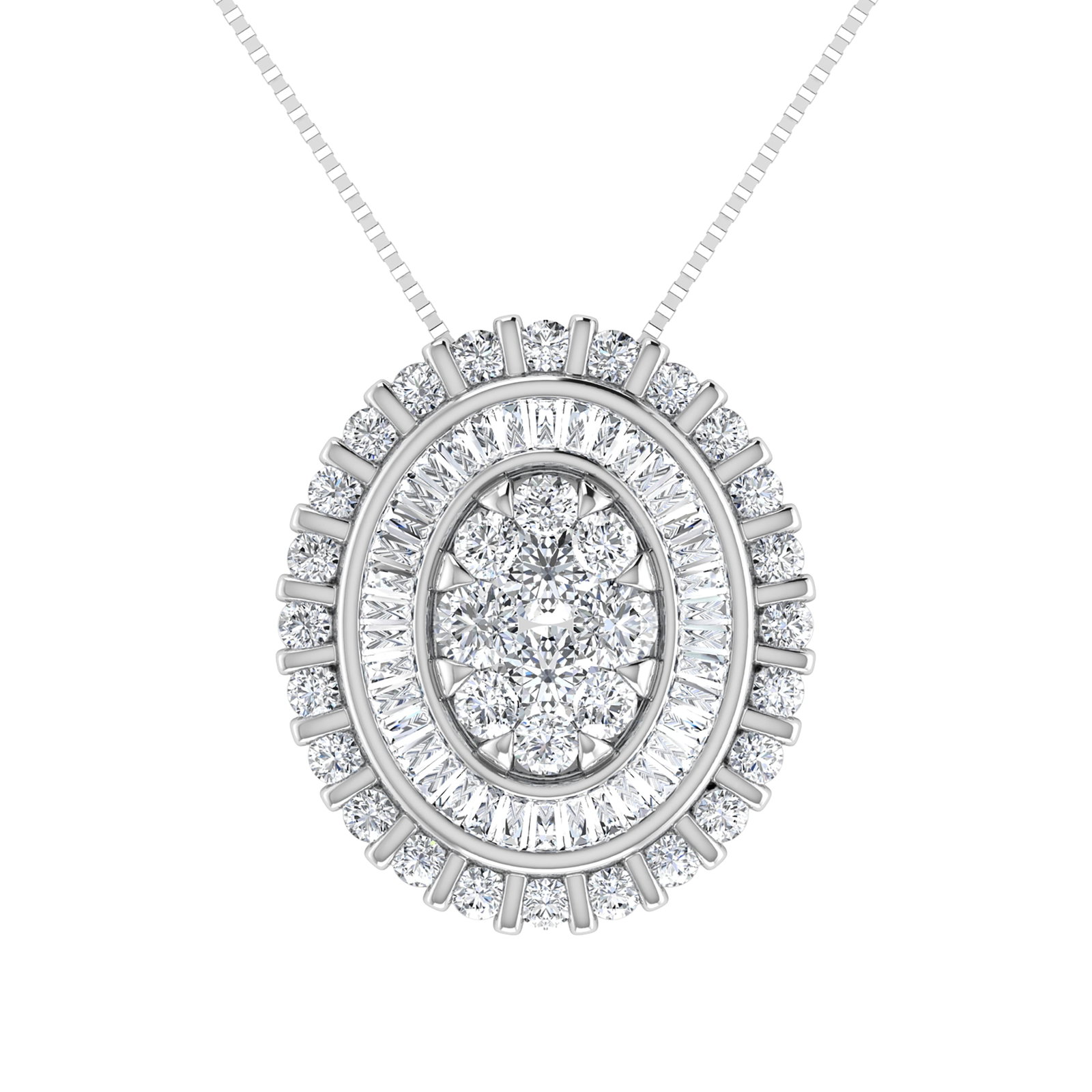 14K White Gold 3/4.Tw. Round and Tapper Diamond Invisible Oval Shape Pendant Pendant: 14K White Gold 3/4.Tw. Round and Tapper Diamond Invisible Oval Shape Pendant Pendant 14k White Gold Stone Color: G-h Stone Clarity: I1 Unless otherwise specified, pendants that include a chain are pai