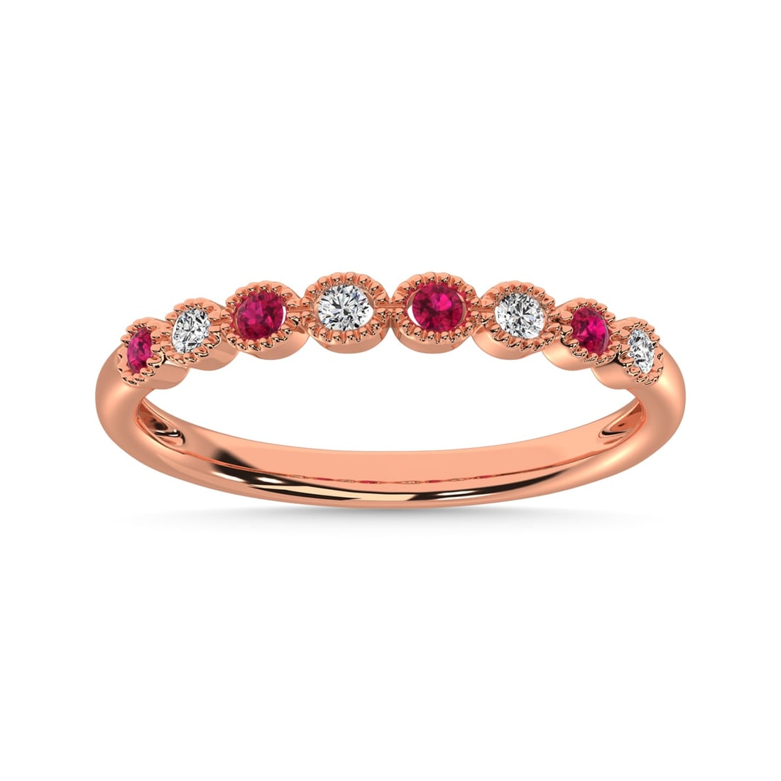 Ruby and Alternate Diamond 1/6 Ct.Tw. Stack Band in 14K Rose Gold: Ruby and Alternate Diamond 1/6 Ct.Tw. Stack Band in 14K Rose Gold 14k Rose Gold Stone Color: G-h Stone Clarity: I2 / Ru-aa Each ring is presented in standard size 6.5. Complimentary resizing is availa