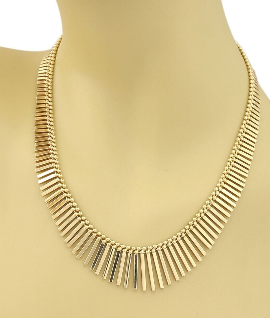 Vintage 14k Yellow Gold Choker Necklace With Multi Bar and Bead Draped Design: Vintage 14k Yellow Gold Choker Necklace With Multi Bar and Bead Draped Design This vintage choker necklace features an elegant draped design with multiple bars and beads, crafted in 14k yellow gold. T