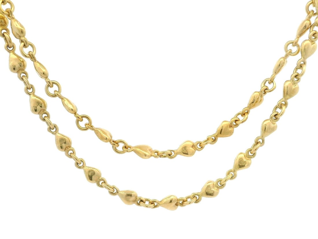 18k Yellow Gold 15 Inch Puffed Heart Link Necklace with Diamond Clasp: 18k Yellow Gold 15 Inch Puffed Heart Link Necklace with Diamond Clasp This exquisite necklace features a stunning 15-inch puffed heart link chain crafted from solid 18k yellow gold. The chain is adorn