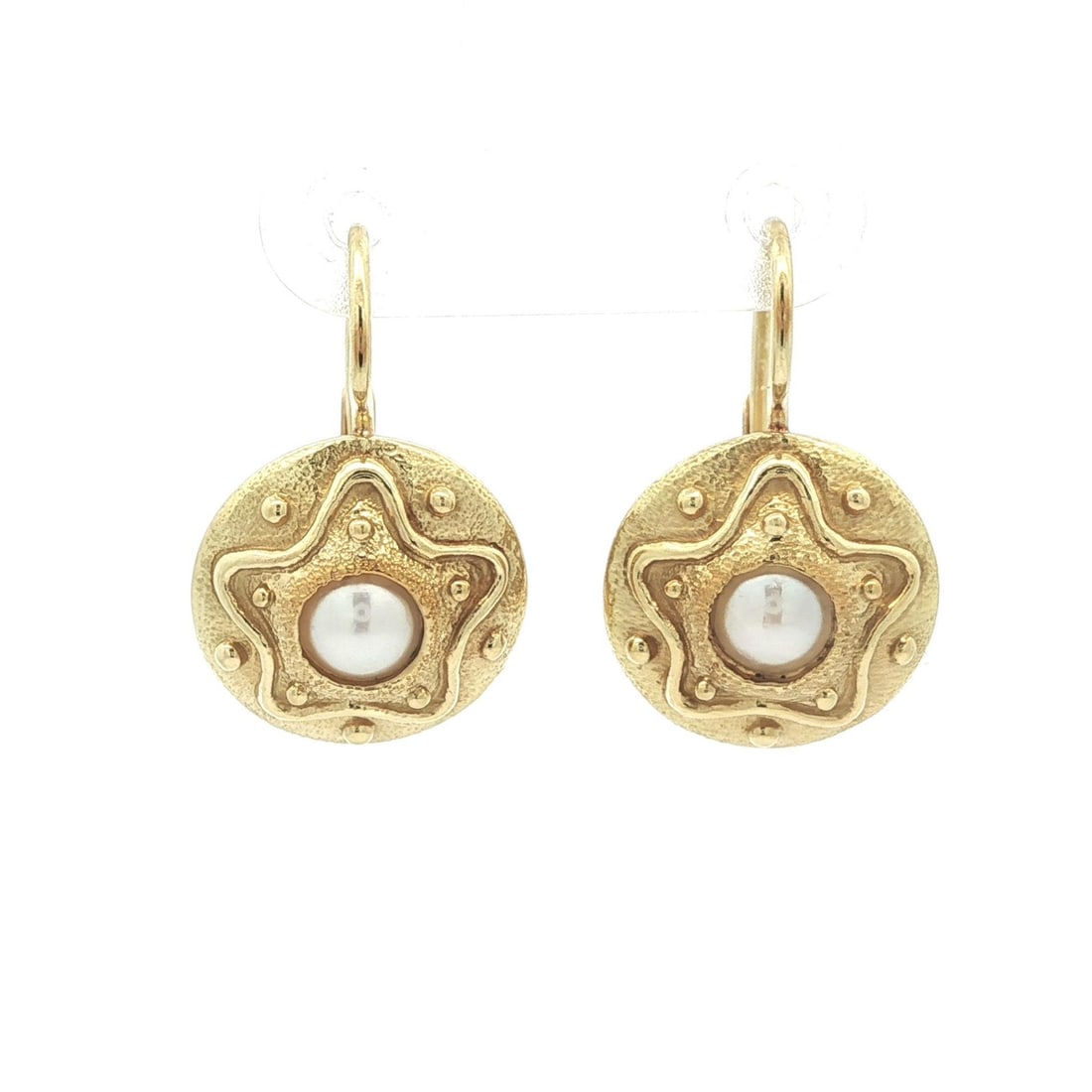 18k Yellow Gold Star Textured Pearl Dangle Earrings with Lever Backs: 18k Yellow Gold Star Textured Pearl Dangle Earrings with Lever Backs Add a touch of elegance to your jewelry collection with these exquisite 18k Yellow Gold Pearl Star Textured Drop Dangle Earrings. F