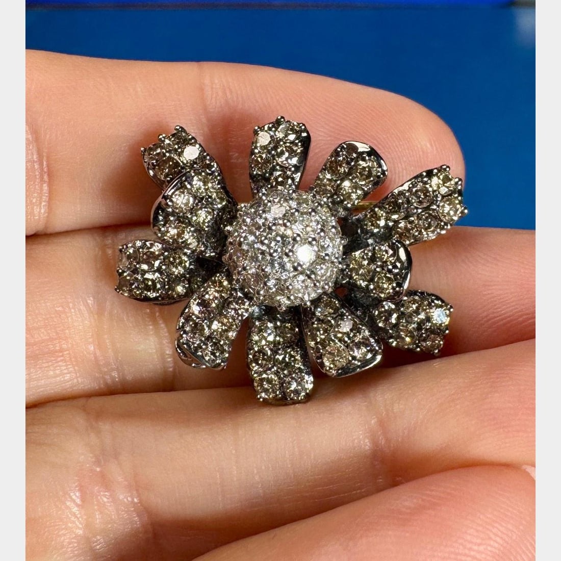 18K White Gold Brooch with 60 Champagne Diamonds 2.50 Ct: 18K White Gold Brooch with 60 Champagne Diamonds 2.50 Ct This exquisite 18K White Gold Champagne Diamond Brooch features a total of 60 champagne diamonds with an approximate weight of 2.50 Ct, display