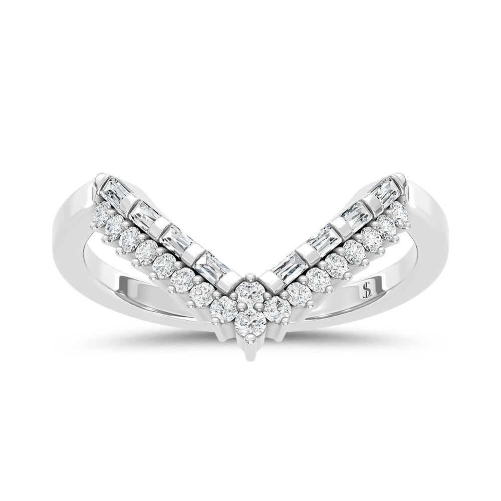 Diamond Chevron Band 1/5 Ct.tw in 14K White Gold: Diamond Chevron Band 1/5 Ct.tw in 14K White Gold 14k White Gold Stone Color: Gh Stone Clarity: I1 Each ring is presented in standard size 6.5. Complimentary resizing is available between sizes 510 (in