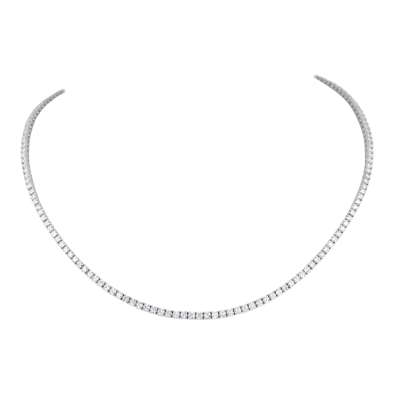 6.44ct D-F Diamond Tennis Necklace 18k White Gold: 6.44ct D-F Diamond Tennis Necklace 18k White Gold This stunning 6.44ct D-F diamond tennis necklace showcases a classic design crafted in 18k white gold. Featuring 163 round brilliant diamonds, this ne