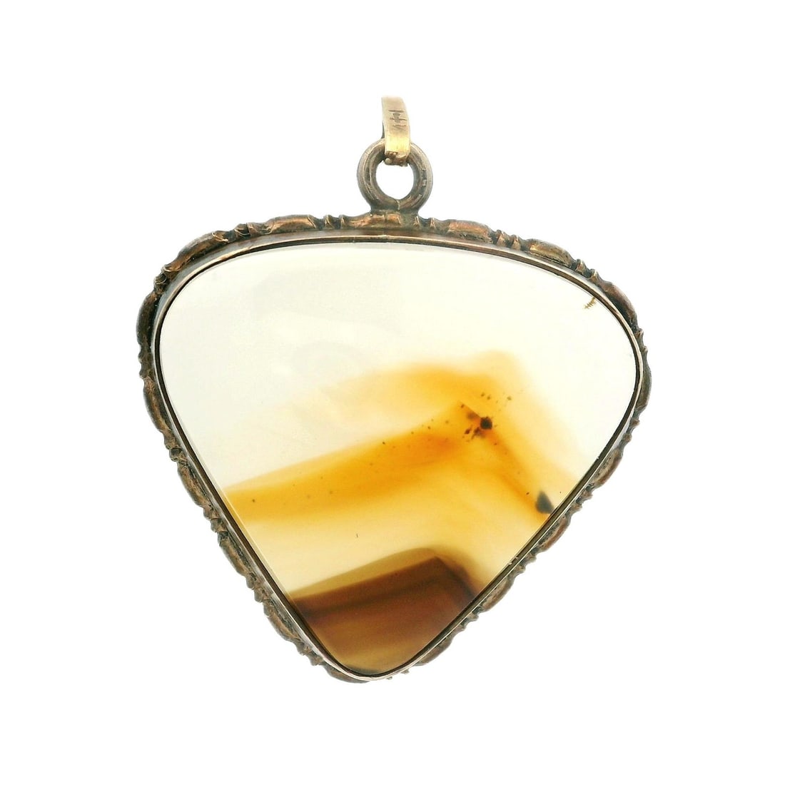 Victorian 10k Yellow Gold Agate Pendant with Detailed Frame: Victorian 10k Yellow Gold Agate Pendant with Detailed Frame This exquisite Antique Victorian pendant showcases a stunning natural agate stone, expertly bezel set in solid 10k yellow gold. The triangul