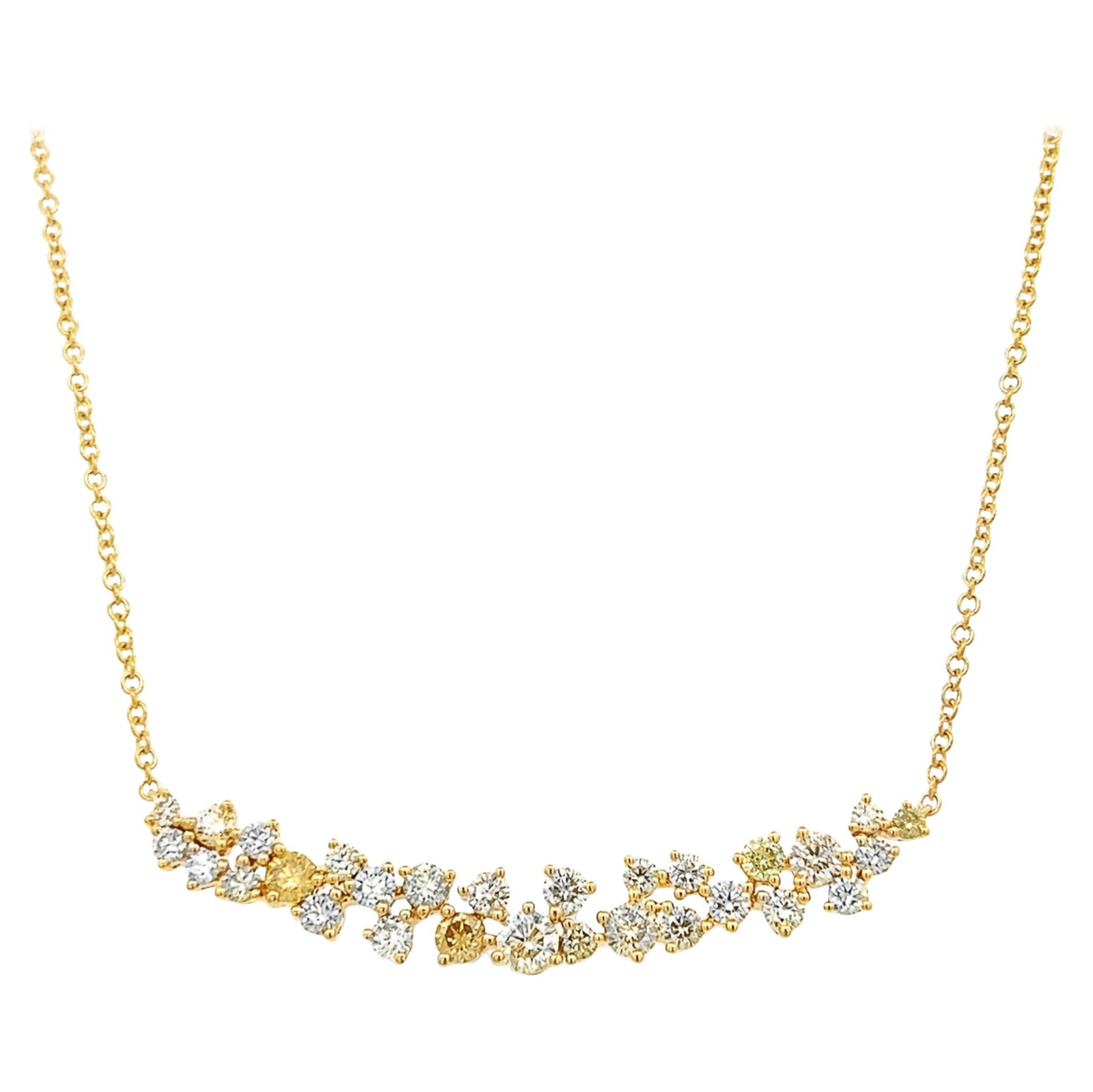 3.68ct Multi Color Diamond Necklace 18k Gold: 3.68ct Multi Color Diamond Necklace 18k Gold This stunning Multi Color Diamond Pendant Necklace features an exquisite design crafted in 18k yellow gold. It showcases 29 round brilliant diamonds totali