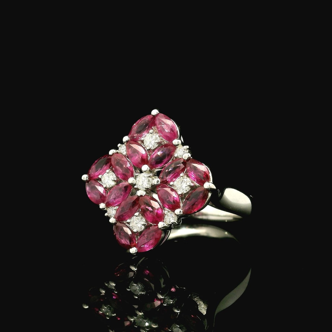 Platinum Statement Ring with Marquise Ruby and Diamond Clusters - 11
