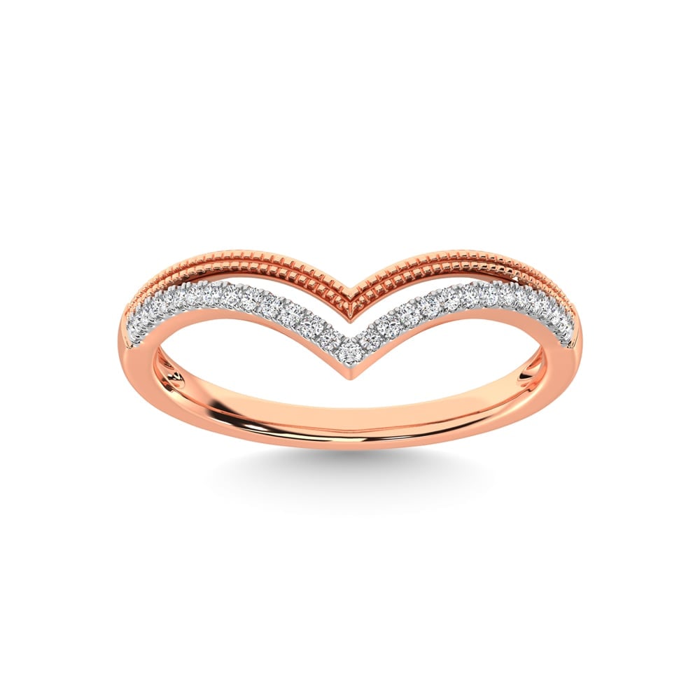 10K Rose Gold Diamond 1/6 Ct.Tw. Chevron Band: 10K Rose Gold Diamond 1/6 Ct.Tw. Chevron Band 10k Rose Gold Stone Color: G-h Stone Clarity: I1 Each ring is presented in standard size 6.5. Complimentary resizing is available between sizes 510 (in 1/