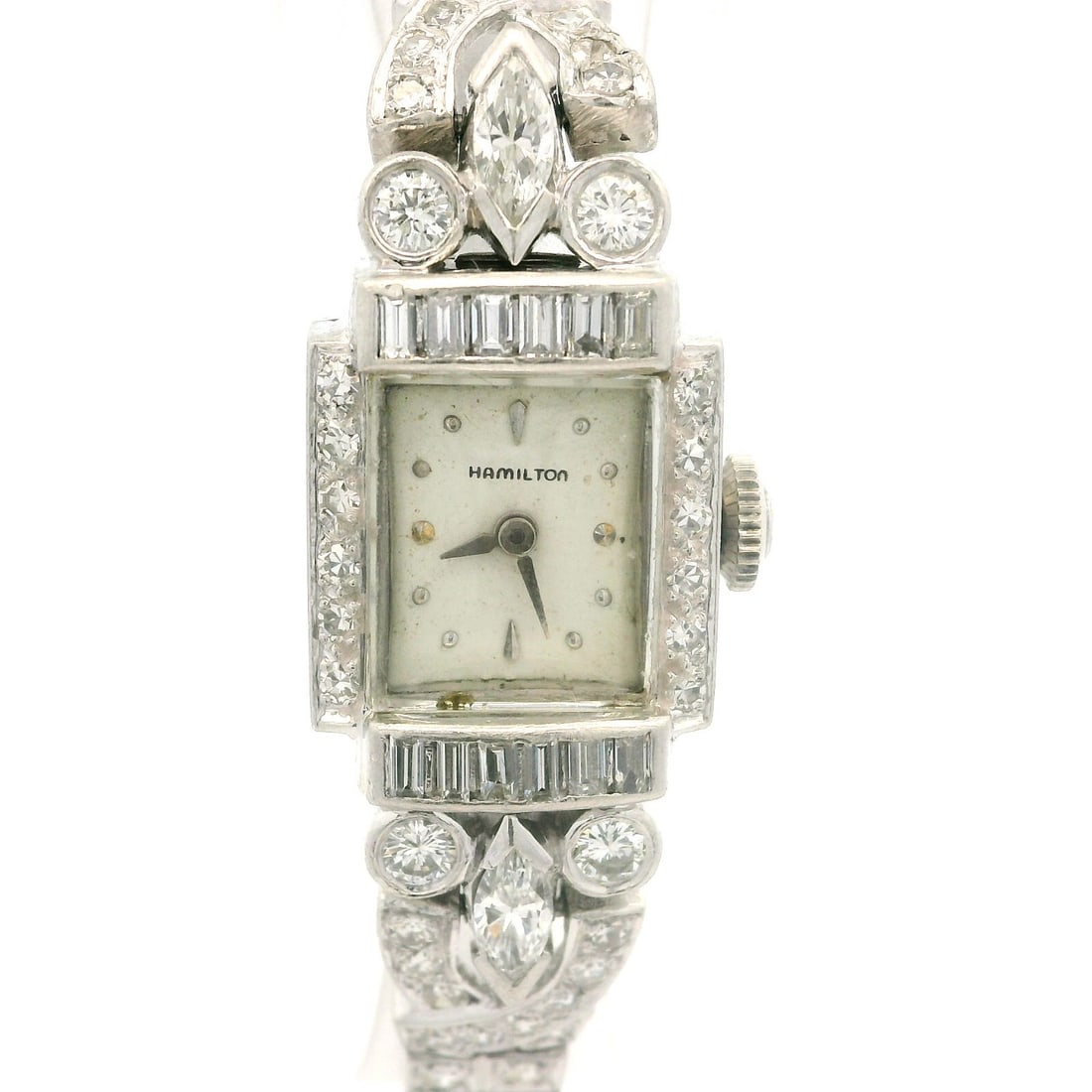 Hamilton Antique Art Deco Platinum Diamond Bracelet Watch 2.70ctw: Hamilton Antique Art Deco Platinum Diamond Bracelet Watch 2.70ctw Introducing an exquisite Antique Art Deco Platinum Wristwatch by Hamilton, featuring a stunning combination of Old Round, Marquise, an