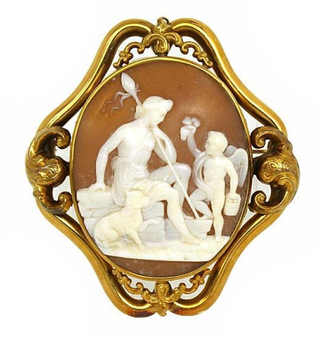 Vintage 14k Yellow Gold Oval Shell Cameo Brooch with Mythological Motif (1 of 3)