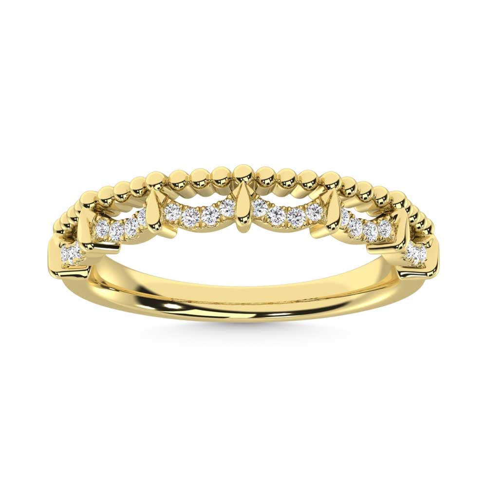 10K Yellow Gold Diamond 1/10 Ct. Tw. Stackable Band: 10K Yellow Gold Diamond 1/10 Ct. Tw. Stackable Band 10k Yellow Gold Stone Color: G-h Stone Clarity: Bi2 Each ring is presented in standard size 6.5. Complimentary resizing is available between sizes 5