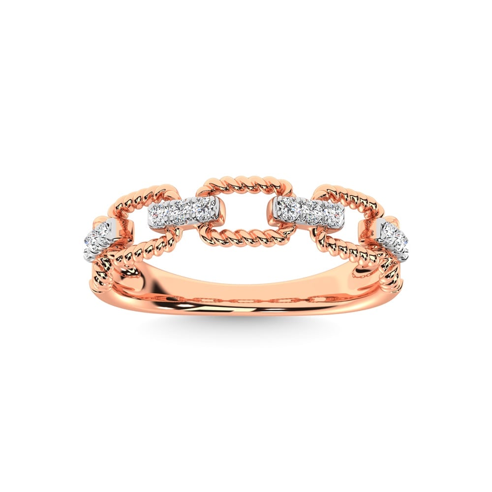 14K Rose Gold Diamond 1/6 Ct.Tw. Fashion Ring: 14K Rose Gold Diamond 1/6 Ct.Tw. Fashion Ring 14k Rose Gold Stone Color: G-h Stone Clarity: I1 Each ring is presented in standard size 6.5. Complimentary resizing is available between sizes 510 (in 1/