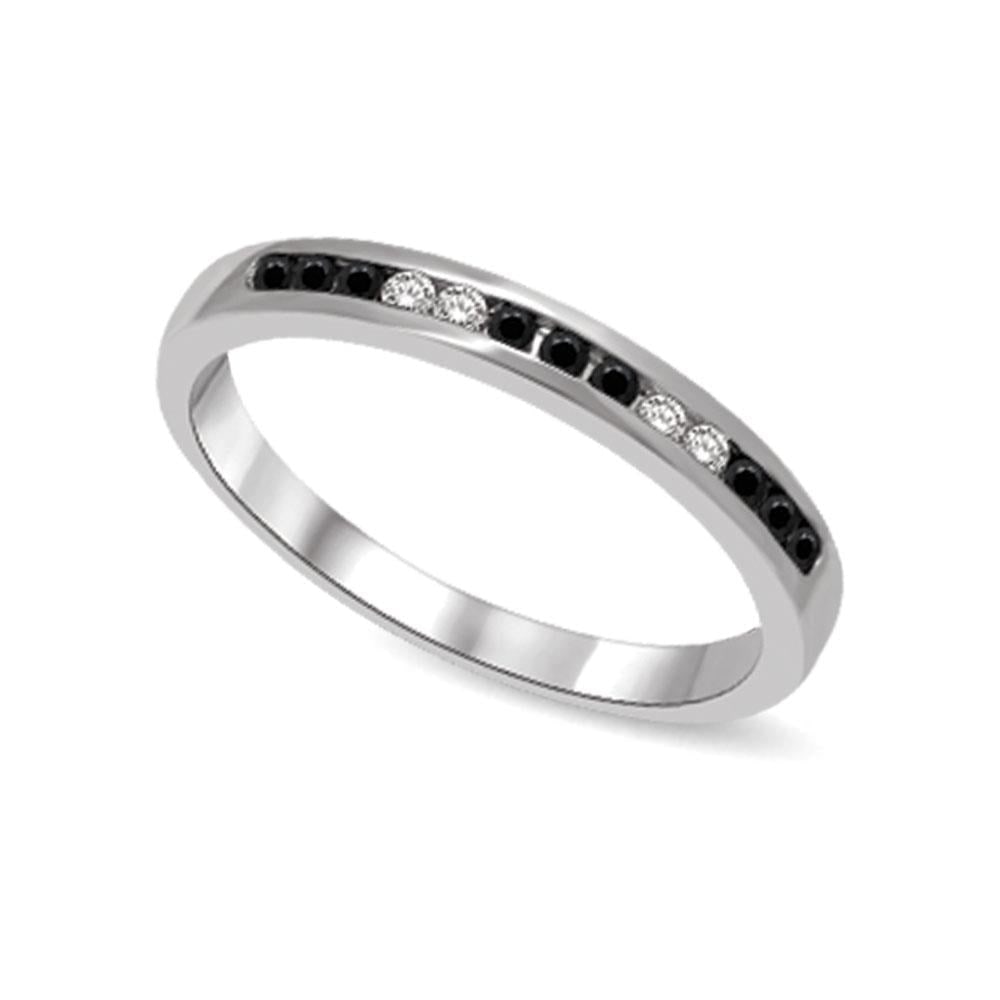 14K White Gold 1/6 Ct.tw Black & White Diamond Machine Band: 14K White Gold 1/6 Ct.tw Black & White Diamond Machine Band 14K White Gold Machine Band Set with 9 round cut 1/6 Ct.Tw. Black Diamond and 4 diamonds in channel setting. 14k White Gold Stone Color: Gh