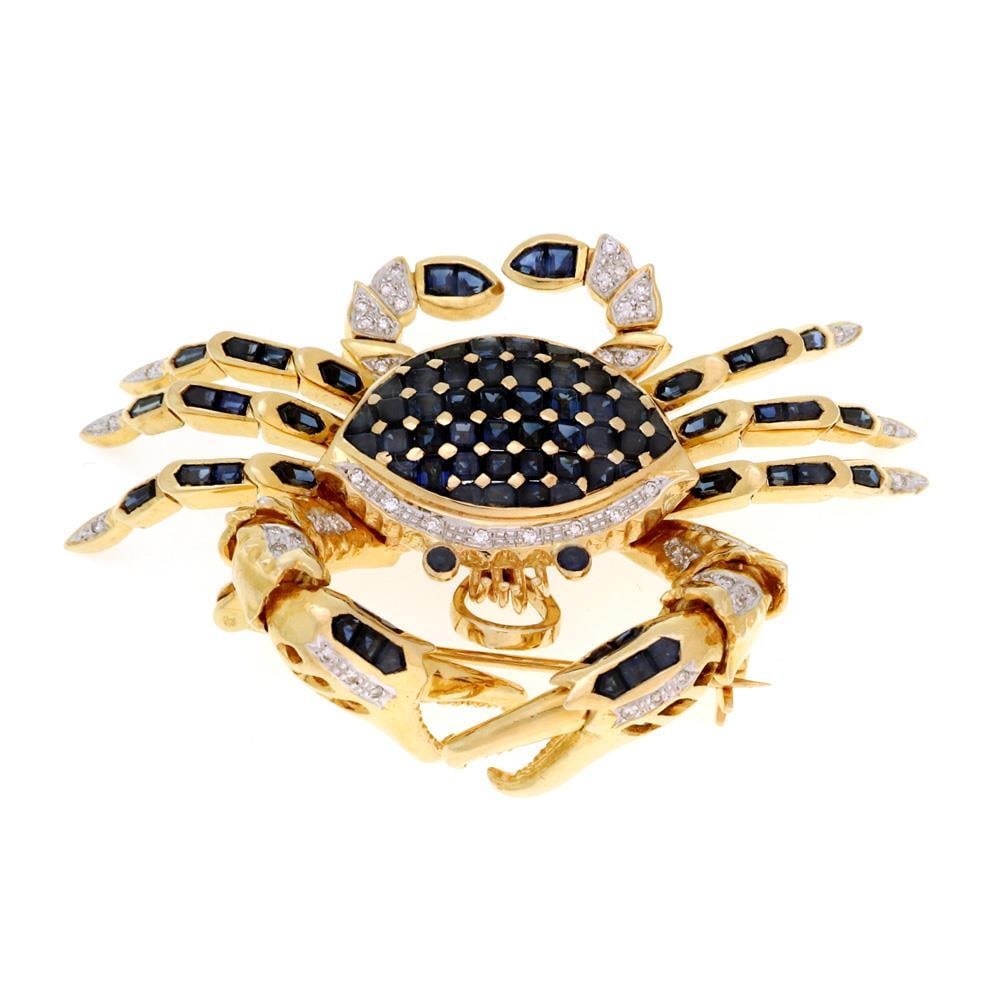Animated 14k Yellow Gold Crab Pendant Brooch 5.75ct Diamonds Sapphires: Animated 14k Yellow Gold Crab Pendant Brooch 5.75ct Diamonds Sapphires This exquisite pendant and brooch showcases a dynamic animated crab, expertly crafted from 14k yellow gold with a high polished f