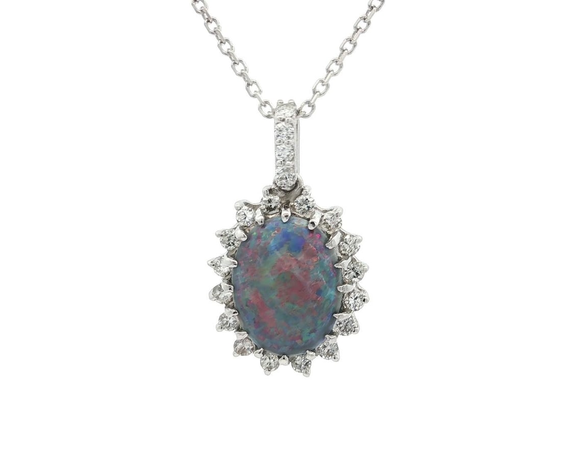Elegant White Gold Opal Diamond Halo Pendant Necklace 20 Inch: Elegant White Gold Opal Diamond Halo Pendant Necklace 20 Inch This exquisite Solid White Gold Oval Opal with Diamond Halo Pendant features a stunning natural gray opal cabochon, measuring approximatel
