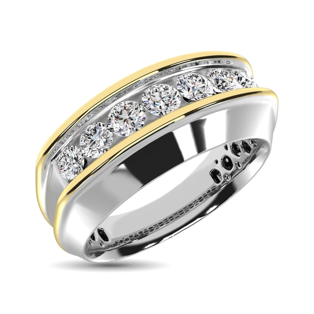 10K White Gold with Accent of 10K Yellow Gold 1/2 Ct.Tw. Diamond 7 Stone Mens Band: 10K White Gold with Accent of 10K Yellow Gold 1/2 Ct.Tw. Diamond 7 Stone Mens Band Make your commitment with this handsome band combining with 10K White Gold with Accent of 10K Yellow Gold. This strik