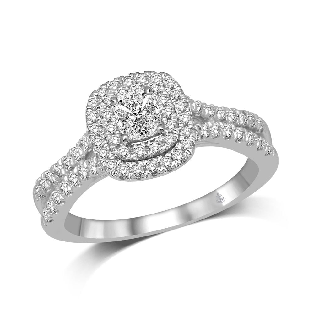 Lovecuts 14K White Gold 5/8 Ct.Tw. Diamond Engagement Ring: Lovecuts 14K White Gold 5/8 Ct.Tw. Diamond Engagement Ring Lovecuts Cushion Shape Pinch Shank Double Halo Engagement Ring Made In 14K White Gold And Feature 5/8 Ct.Tw. Diamonds. 14k White Gold Stone C