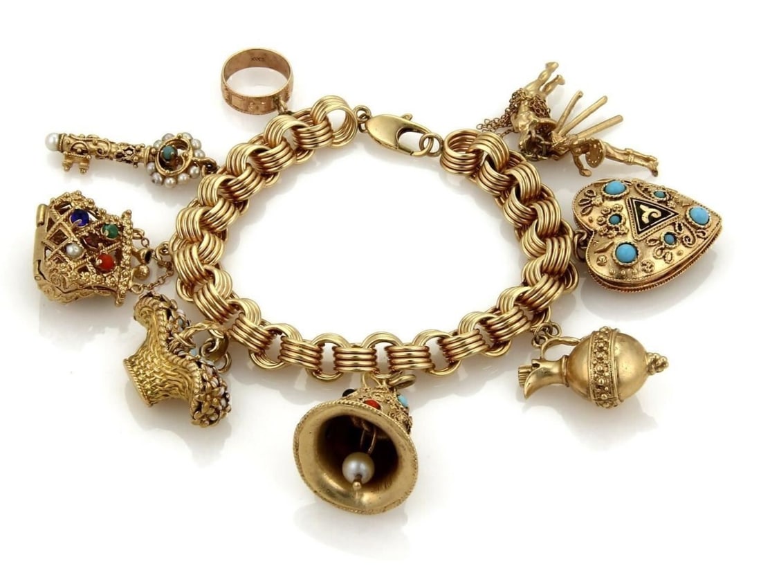 Vintage 14k Gold Charm Bracelet with Nine Multicolor Gemstone Charms (1 of 5)