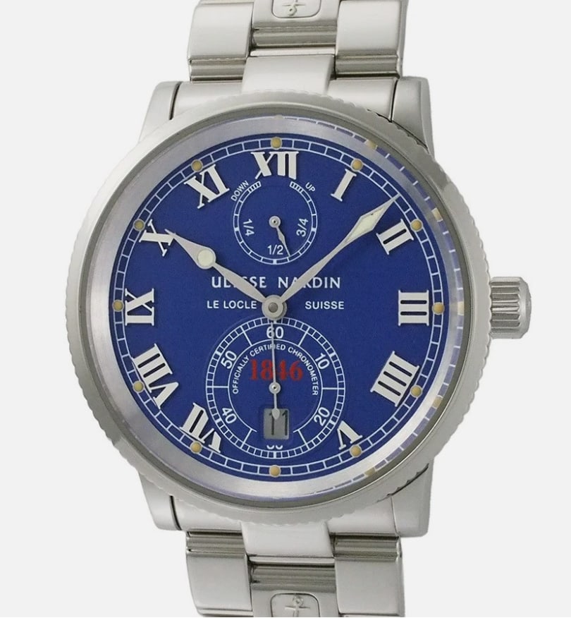 Marine 263-22 Stainless Steel Watch with Blue Dial 38mm: Marine 263-22 Stainless Steel Watch with Blue Dial 38mm This Ulysse Nardin Marine watch features a blue dial and a 38mm stainless steel case. The timepiece is in very good condition and includes 13 li