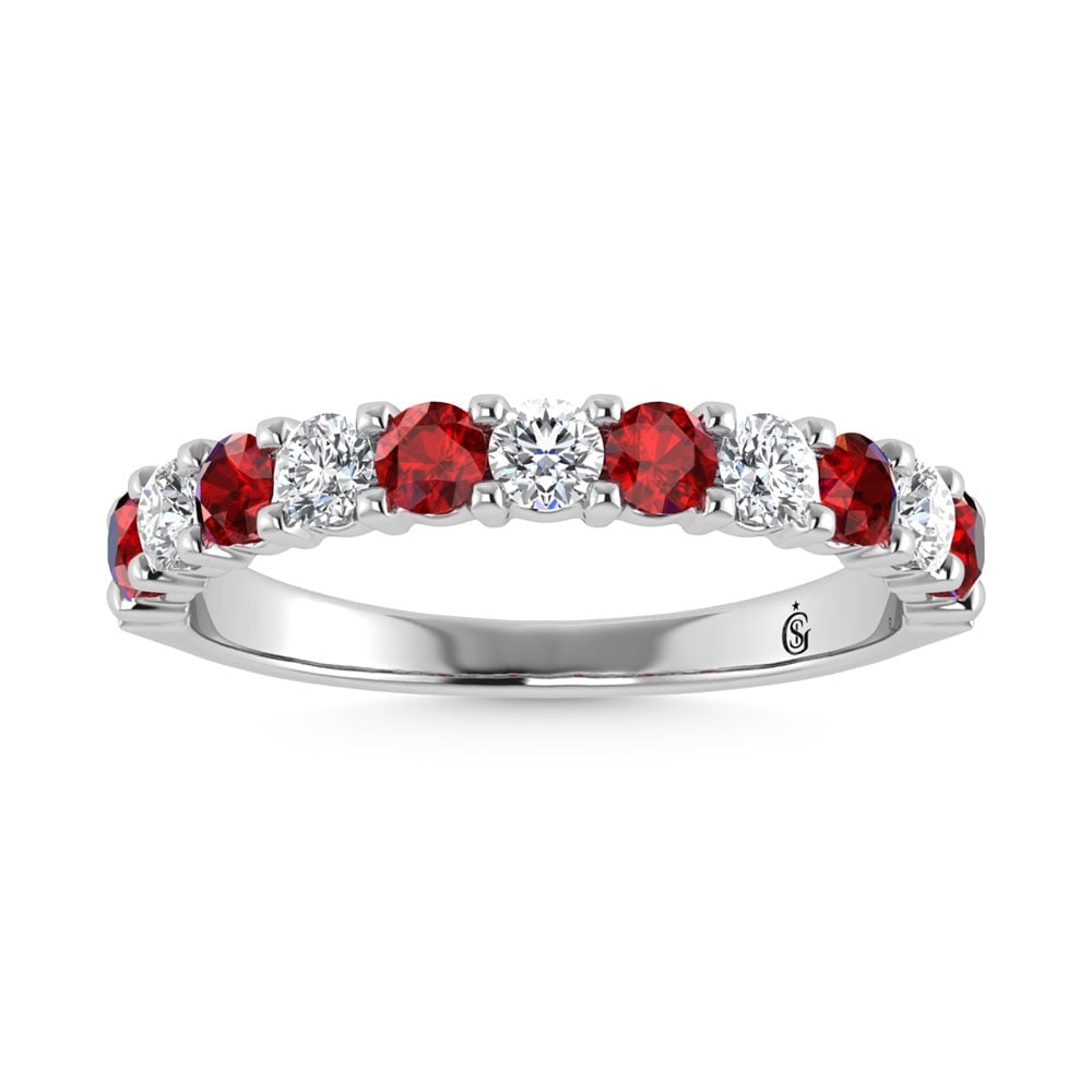14K White Gold Machine Set Alternate Ruby and Diamond 5/8 Ct.Tw. Band: 14K White Gold Machine Set Alternate Ruby and Diamond 5/8 Ct.Tw. Band 14k White Gold Stone Color: G-h Stone Clarity: I2 Each ring is presented in standard size 6.5. Complimentary resizing is available