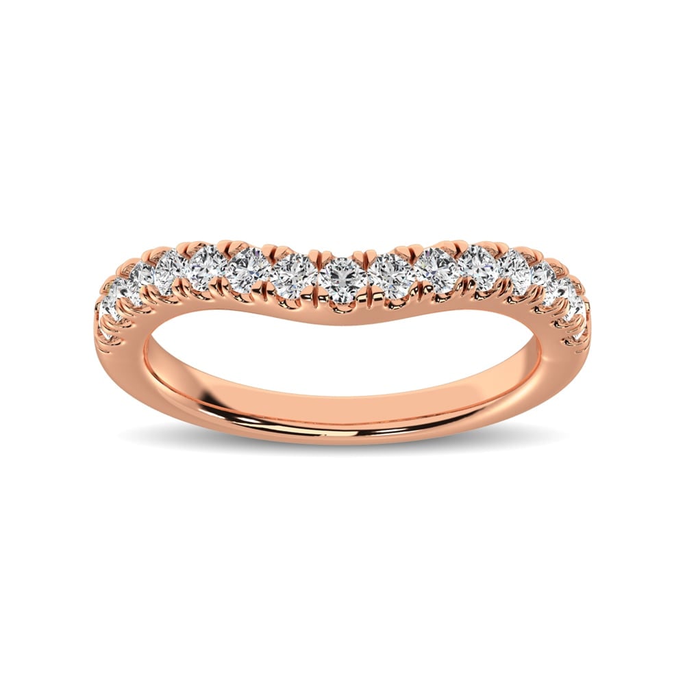 14K Rose Gold 1/2 Ct.Tw. Diamond Curve Band: 14K Rose Gold 1/2 Ct.Tw. Diamond Curve Band This Classic Curve Shape Band is available in 14K Rose Gold. There are 15 round diamonds with a total carat weight of 1/2 Ct.Tw. set in a Micro Prong settin