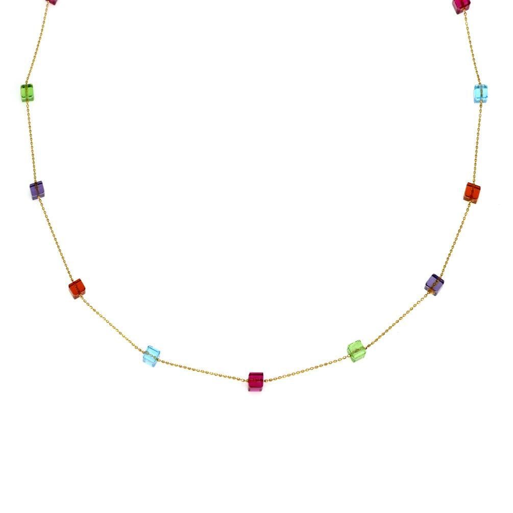 14k Yellow Gold Multicolor Gemstone Cube Necklace 17 Inch: 14k Yellow Gold Multicolor Gemstone Cube Necklace 17 Inch This exquisite necklace showcases the beauty of 14k yellow gold, intricately designed with a fine bead chain and adorned with 13 small cube-sh
