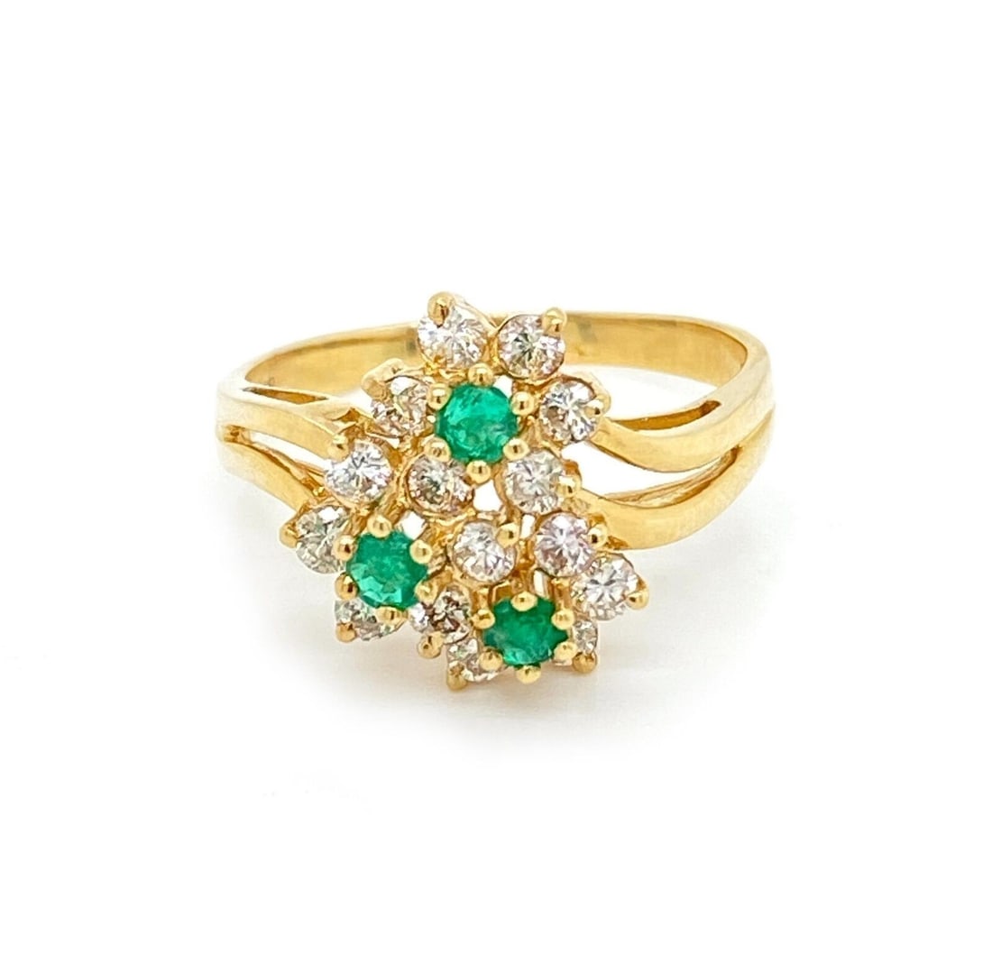 Floral Motif Ring with Diamonds and Emeralds in 14k Yellow Gold Size 8.5 (1 of 6)