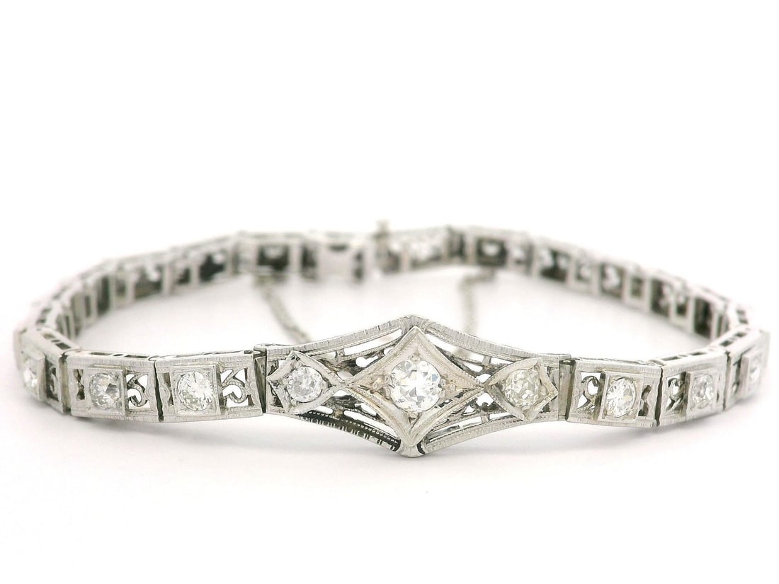Antique Art Deco 14k White Gold Platinum Diamond Filigree Tennis Bracelet 1.39ctw (1 of 10)