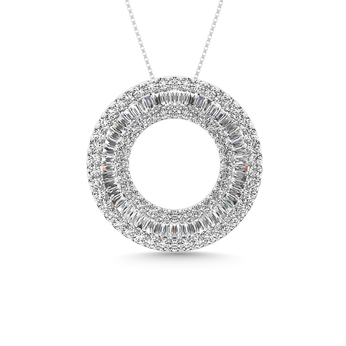 Diamond 1 Ct.Tw. Circle Round and Straight Baguette Fashion Pendant in 14K White Gold: Diamond 1 Ct.Tw. Circle Round and Straight Baguette Fashion Pendant in 14K White Gold 14k White Gold Stone Color: G-h Stone Clarity: I2 Unless otherwise specified, pendants that include a chain are pa